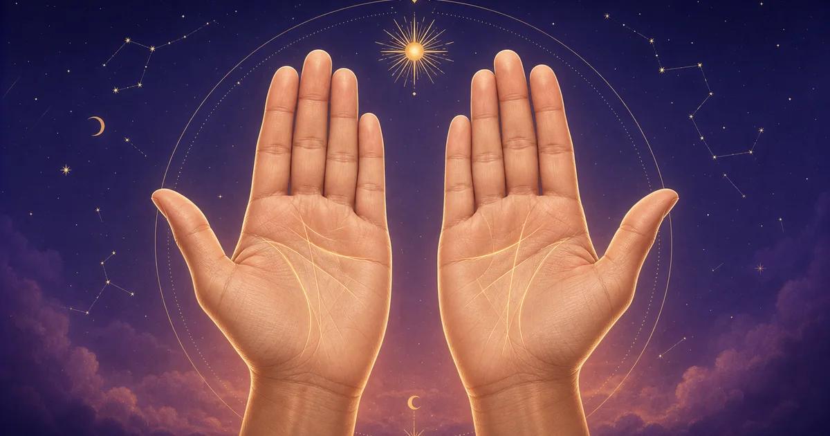 Two open palms with highlighted major lines for online palm reading analysis